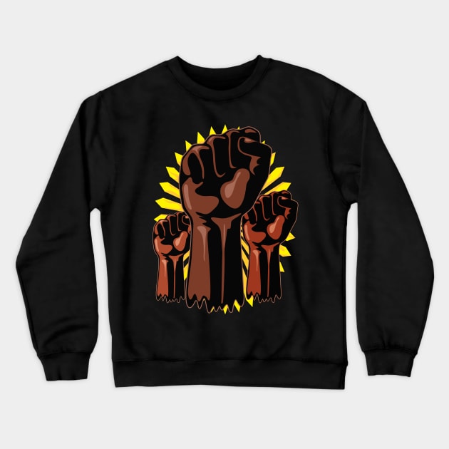 Black Power Raised Fists Symbols Slogan on Abstract yellow sun Crewneck Sweatshirt by BluedarkArt